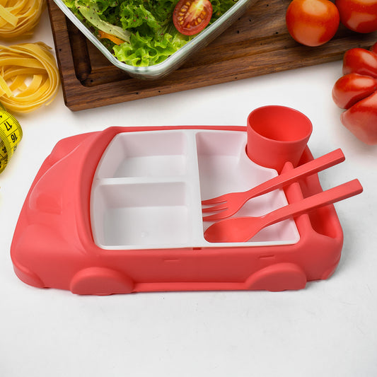 Kids Car Shaped Plates Cup Lunch Box Dinnerware Set (4 Pcs Set 1000 Ml Lunch Box)