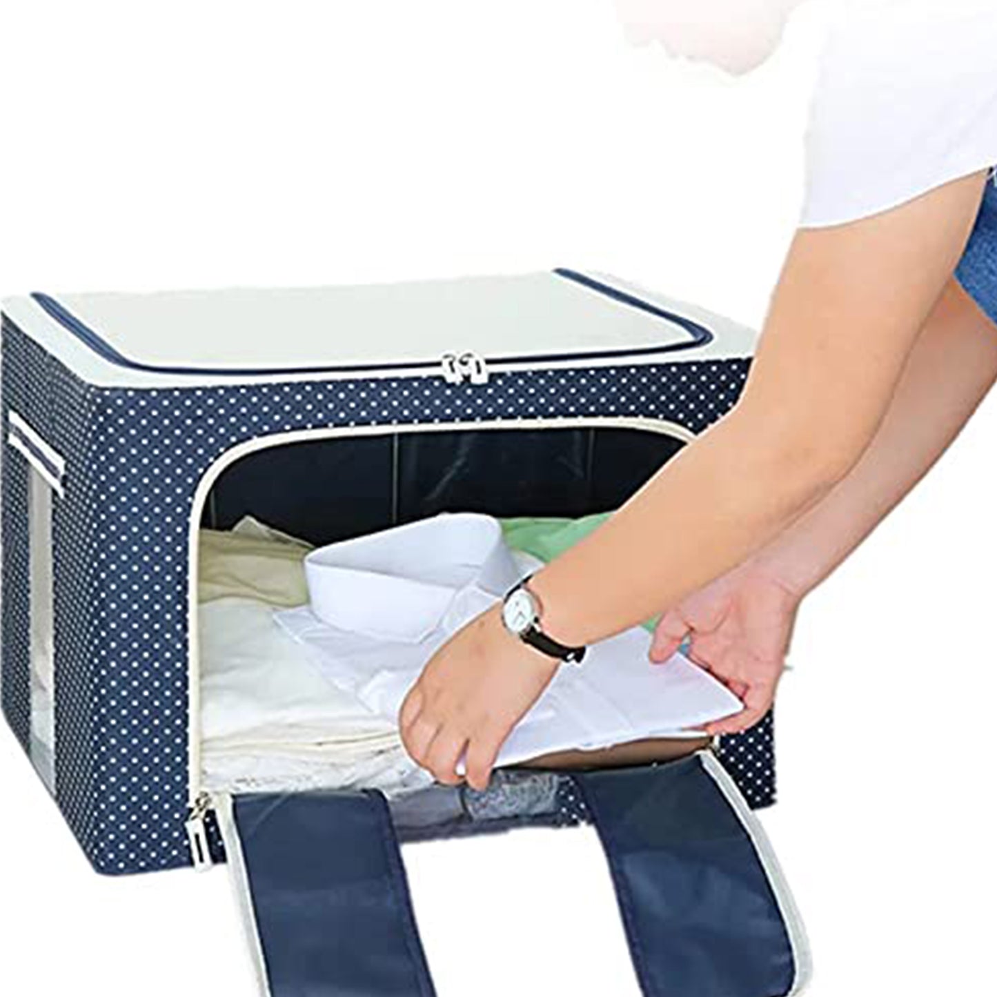 17641 Foldable Steel Frame Clothes Living Storage Organizer Handled Bag Box For Large Size Bedding Blankets Women Saree Toys Cloth Storage Box Bag (66 Liter)