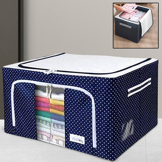 17641 Foldable Steel Frame Clothes Living Storage Organizer Handled Bag Box For Large Size Bedding Blankets Women Saree Toys Cloth Storage Box Bag (66 Liter)