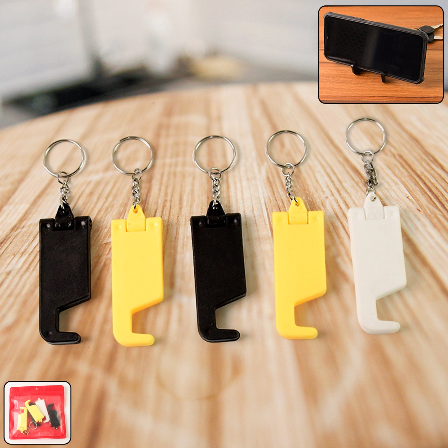2 In 1 Plastic Keychain With Mobile Stand Phone Holder (5 Pcs Set Multicolor)