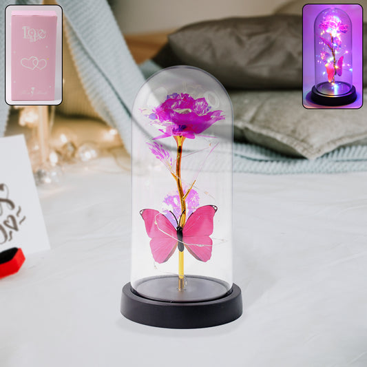 Led Decorative Rose With Butterfly In Transparent Plastic Dome (1 Pc Battery Not Included)