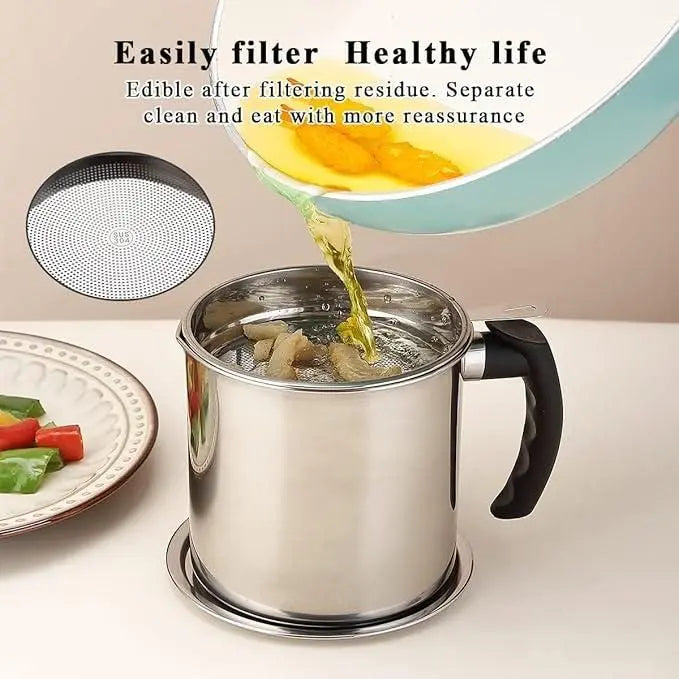 Stainless Steel Oil Pot With Filter & Lid - MEETMART