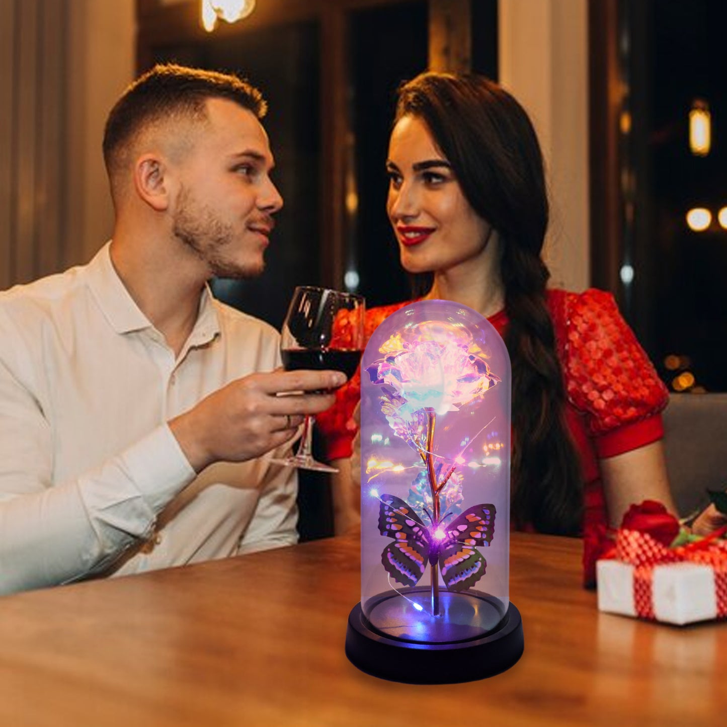 Led Light-up Eternal Rose With Butterfly In Transparent Dome (1 Pc  Battery Not Included)