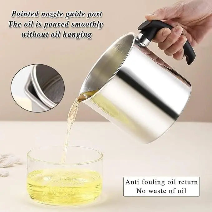 Stainless Steel Oil Pot With Filter & Lid - MEETMART