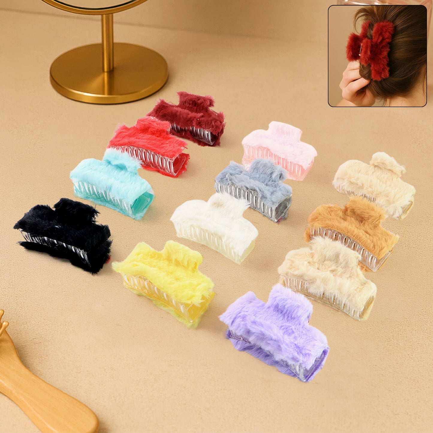 Soft Velvet Furry Hair Clutcher Clips Set (12 Pc)