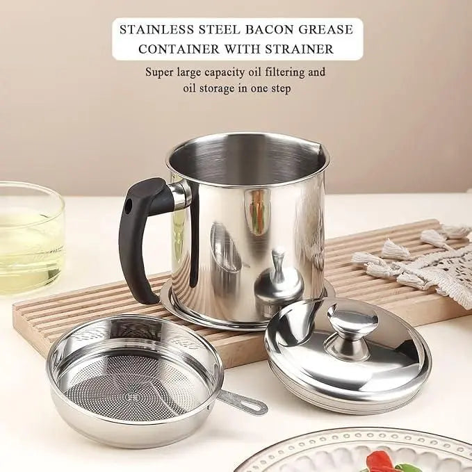 Stainless Steel Oil Pot With Filter & Lid - MEETMART