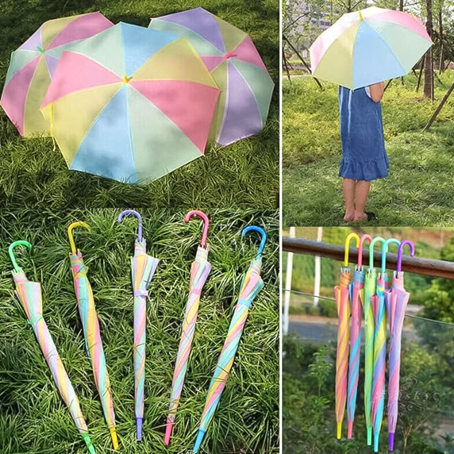 Colorful Rainbow Umbrella Multi-colour J Shaped Handle (1 Pc)