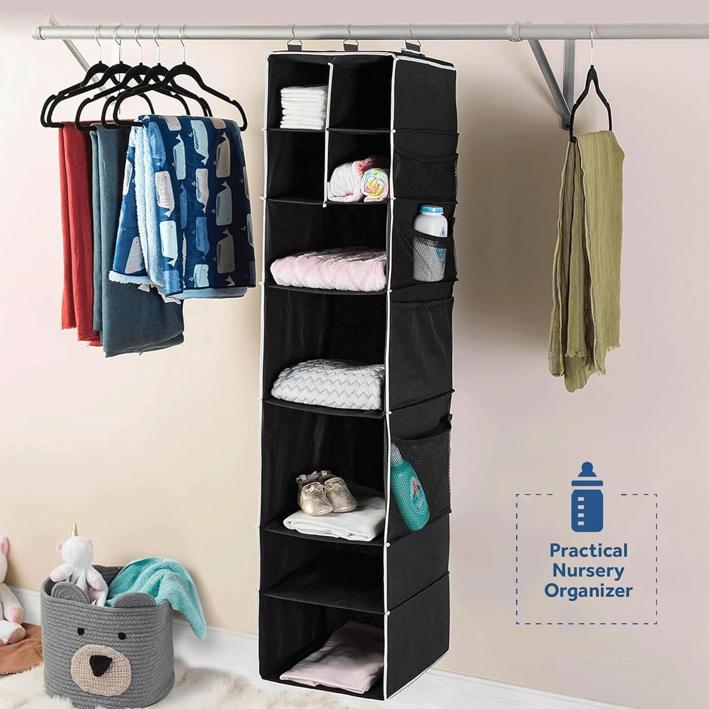 9 Shelf Hanging Closet Organizer With 5 Drawer Organizers