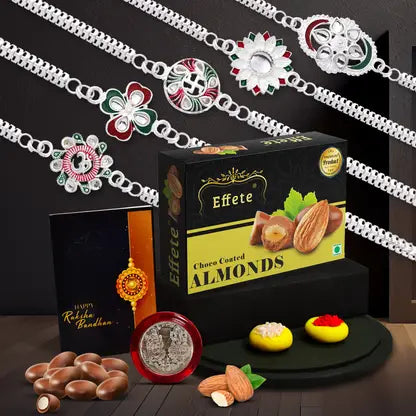 Rakhi Gift Set Of 5 For Brother  Designer Rakhi Combo With Choco-coated Almonds Silver Coin Roli Chawal  Greeting Card