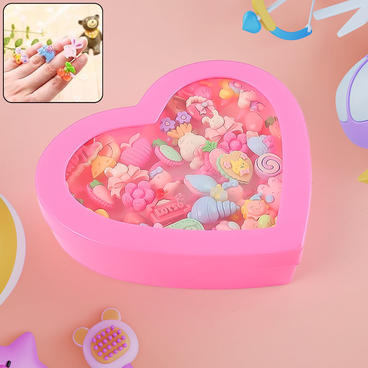 Adorable Playful Decorative Rings For Children In Heart Shaped Storage Box (35 Pcs Aprpox