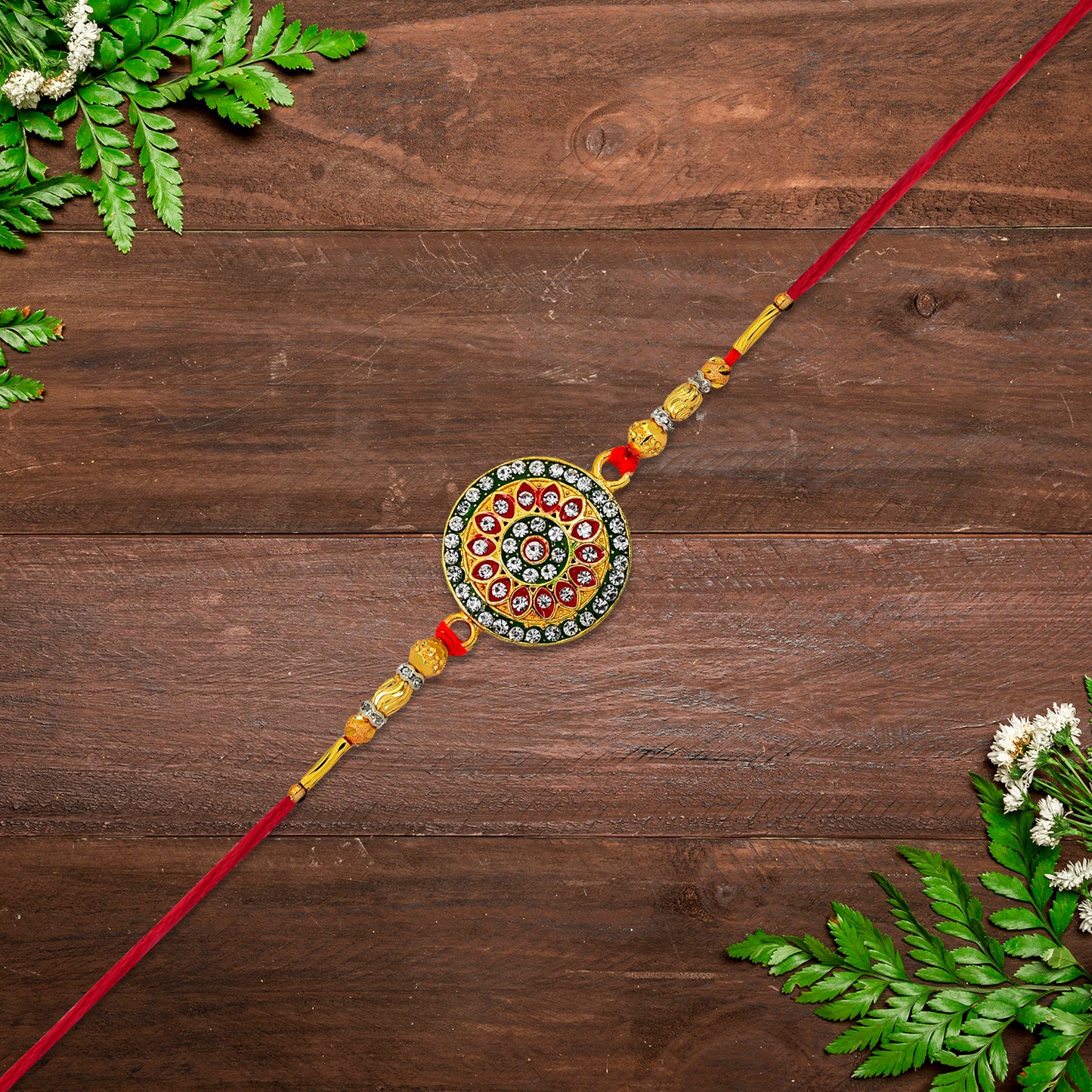 Royal Designer Rakhi With Kundan Centerpiece Red  Green Enamel Work And Golden Beads