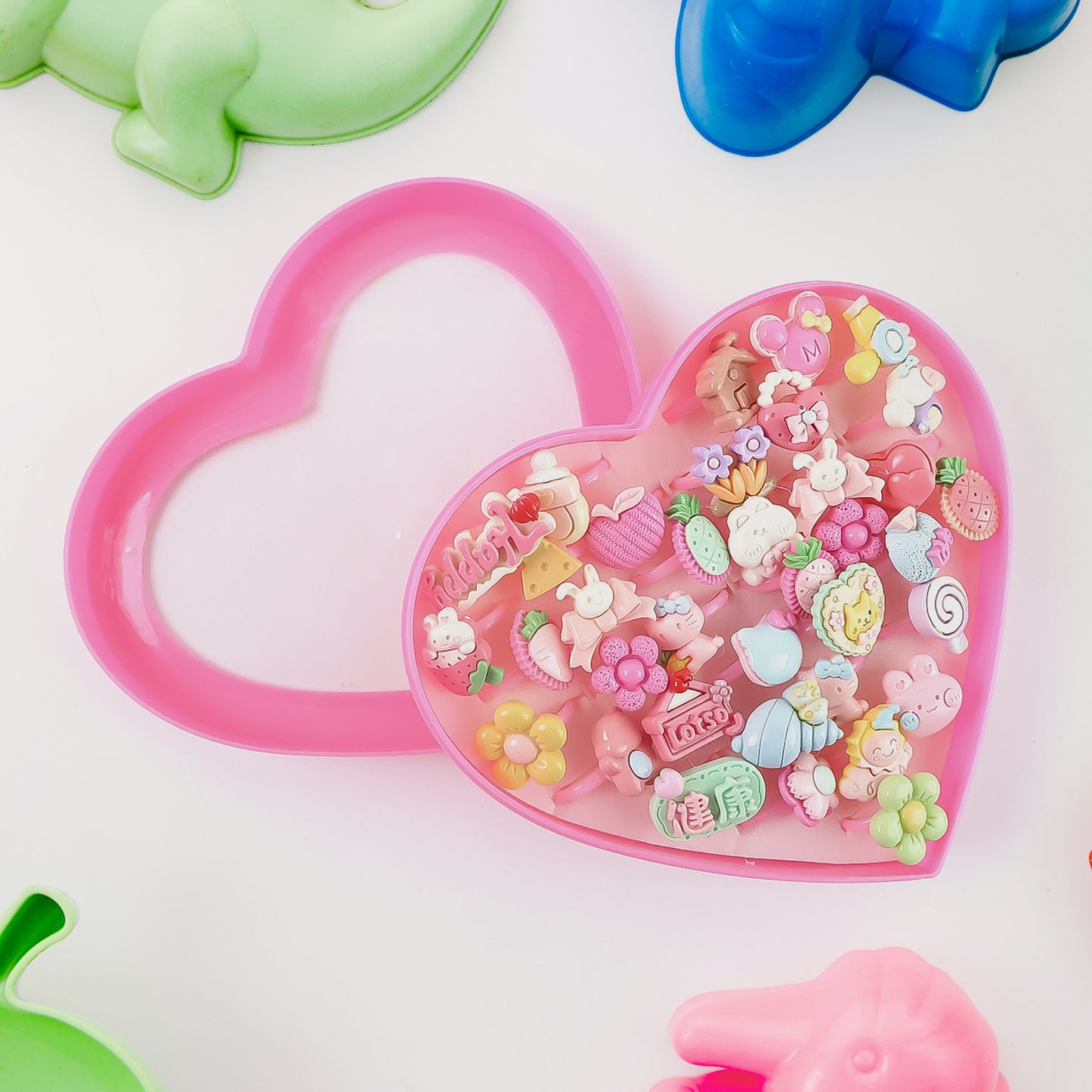 Adorable Playful Decorative Rings For Children In Heart Shaped Storage Box (35 Pcs Aprpox