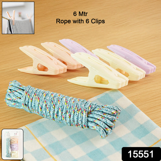 Clothesline Rope With 6 Clips  6 Meter Approx Heavy Duty Laundry Drying Rope With Clip