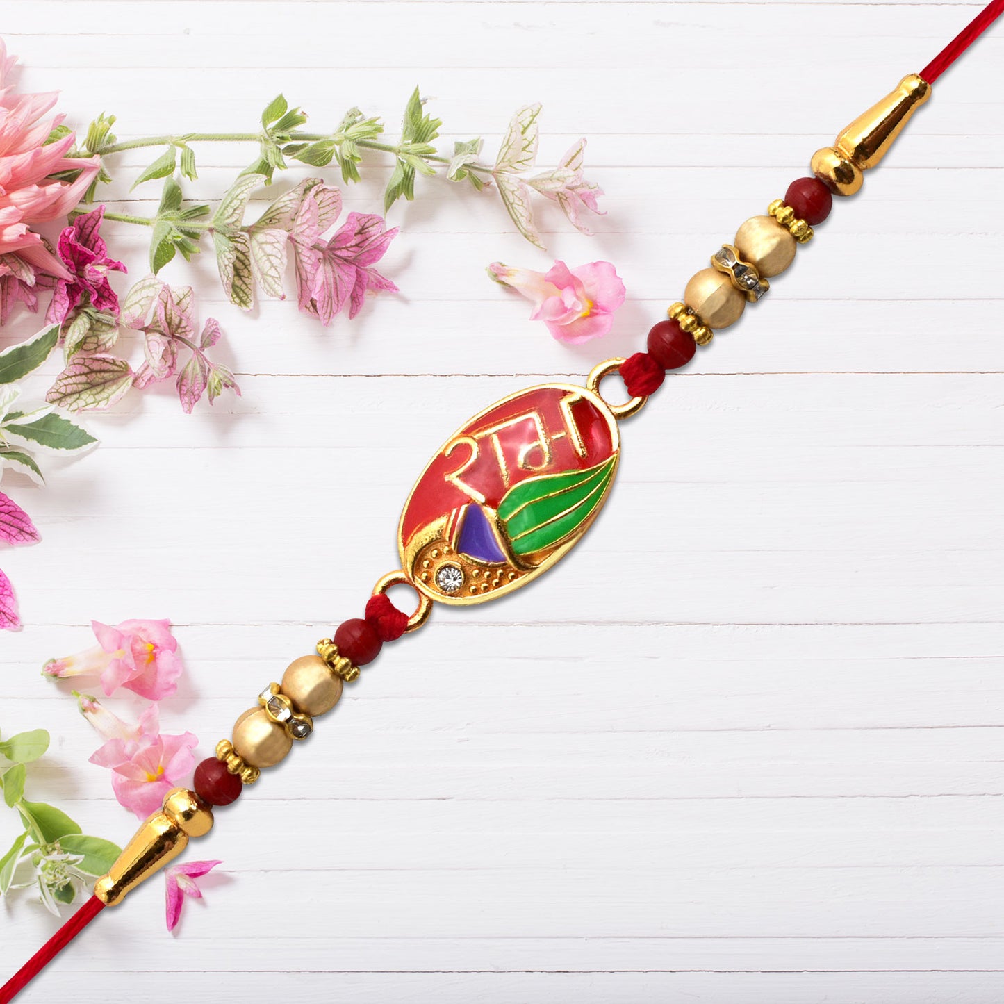 Ram Name Rakhi With Leaf Motif  Enamel Design