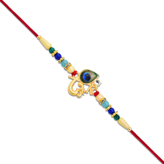 Divine Govind Rakhi With Peacock Feather Design And Multicolor Beads